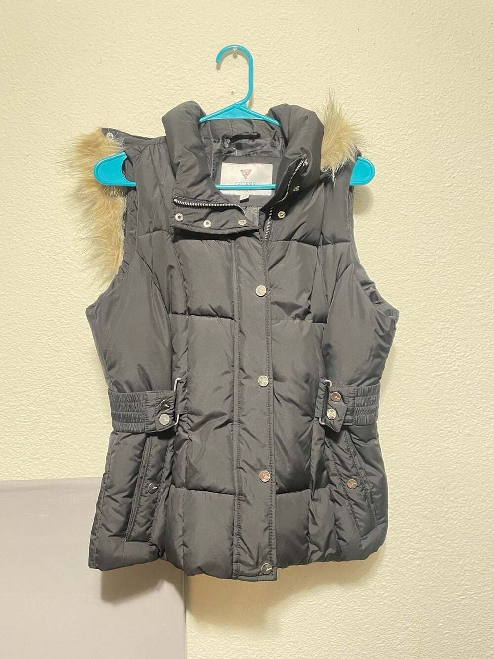 Guess Women's Black Puffer Vest with Faux Fur Hood Size L/G